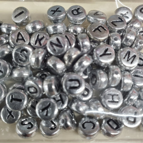 Acrylic Letter Beads, Silver and Black Alphabets, Double-Sided Flat Round,  4x7mm, about 500pcs per pack